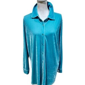 Nwt Soft Surroundings Turquoise Aqua Button-Down velvet Shirt size xl